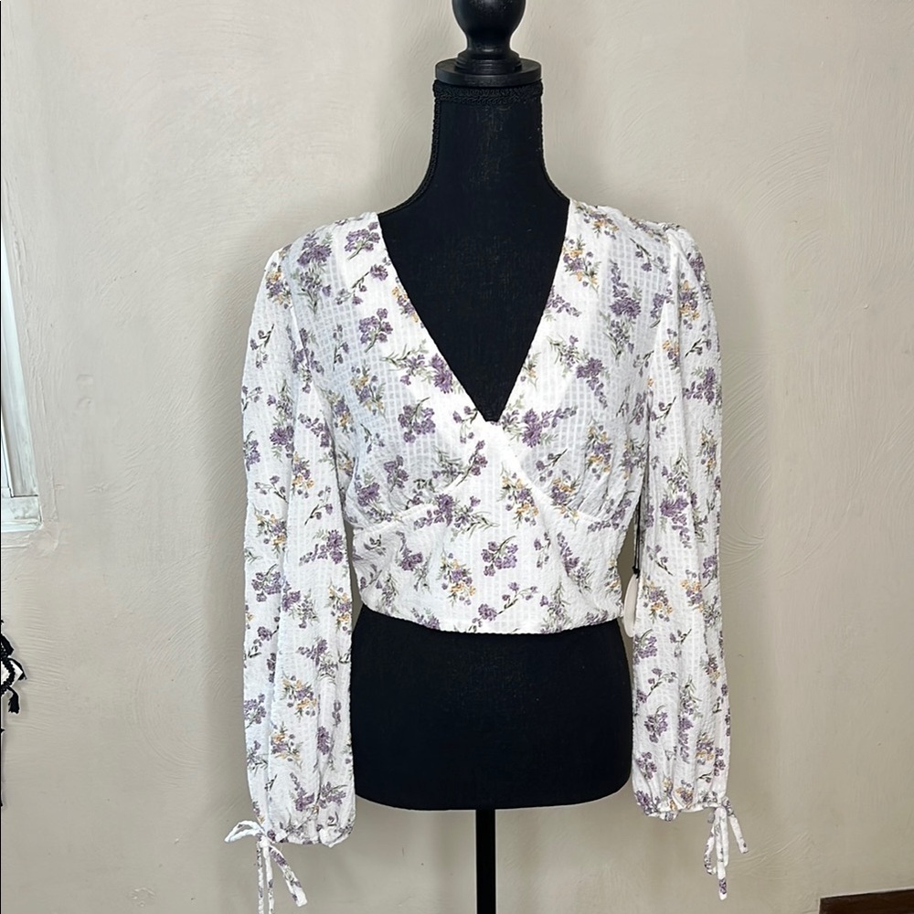 Milk & Honey Floral Corset Balloon Sleeve Open Back Top Size L NEW
